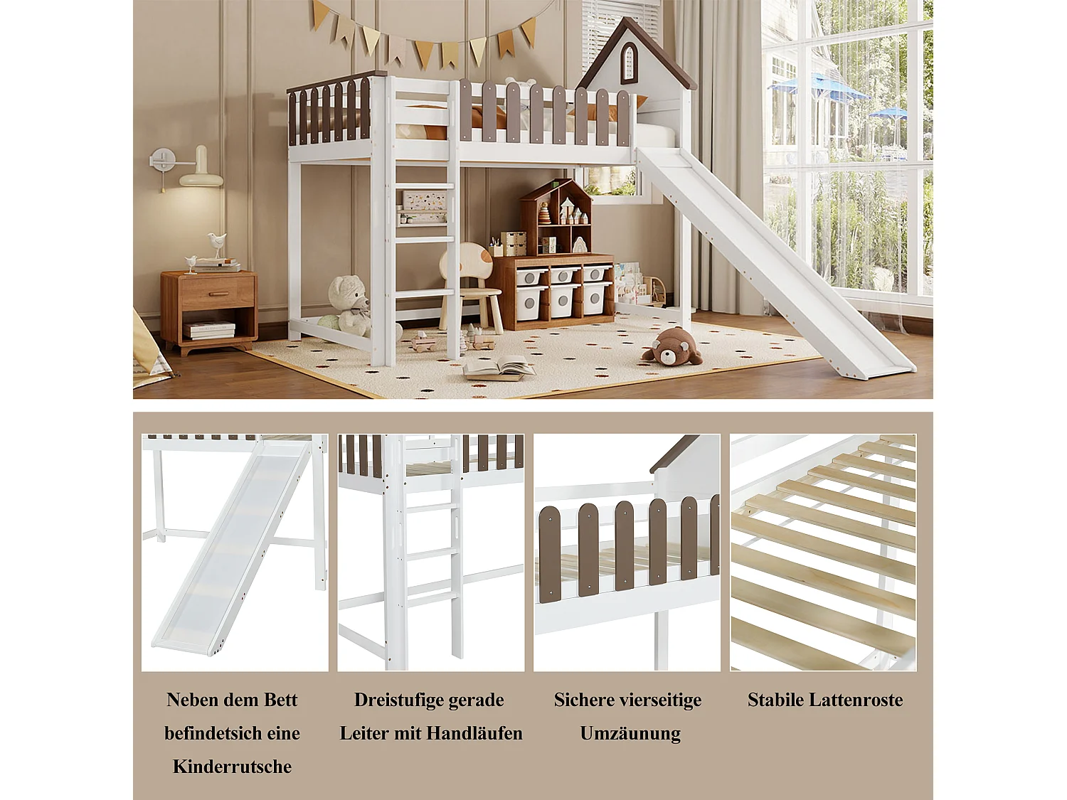 Lit mezzanine 90 x 200 cm avec toit et fenêtres, échelle droite à trois niveaux, lit enfant avec toboggan (204 x 232.5 x 172 cm)