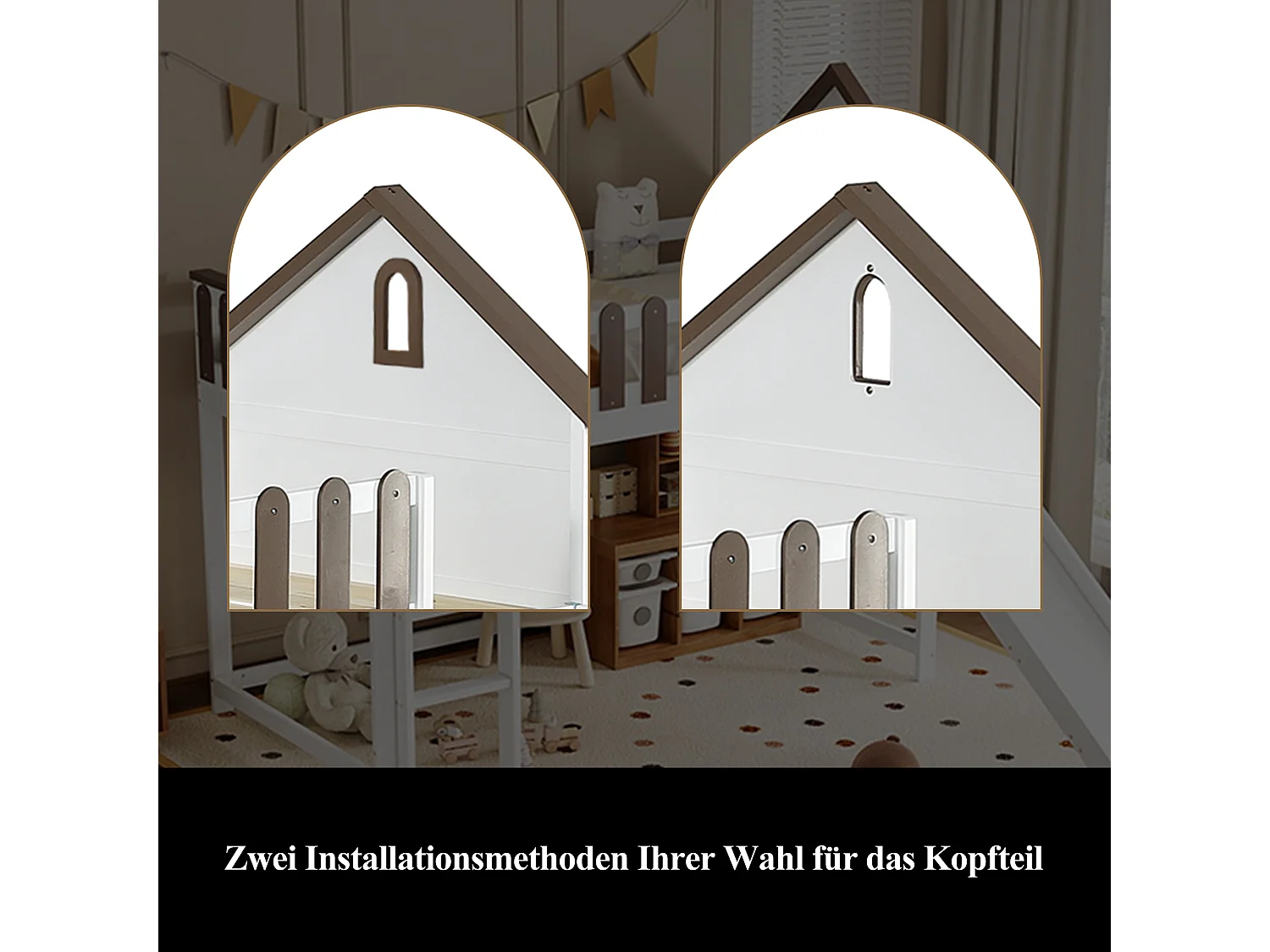 Lit mezzanine 90 x 200 cm avec toit et fenêtres, échelle droite à trois niveaux, lit enfant avec toboggan (204 x 232.5 x 172 cm)