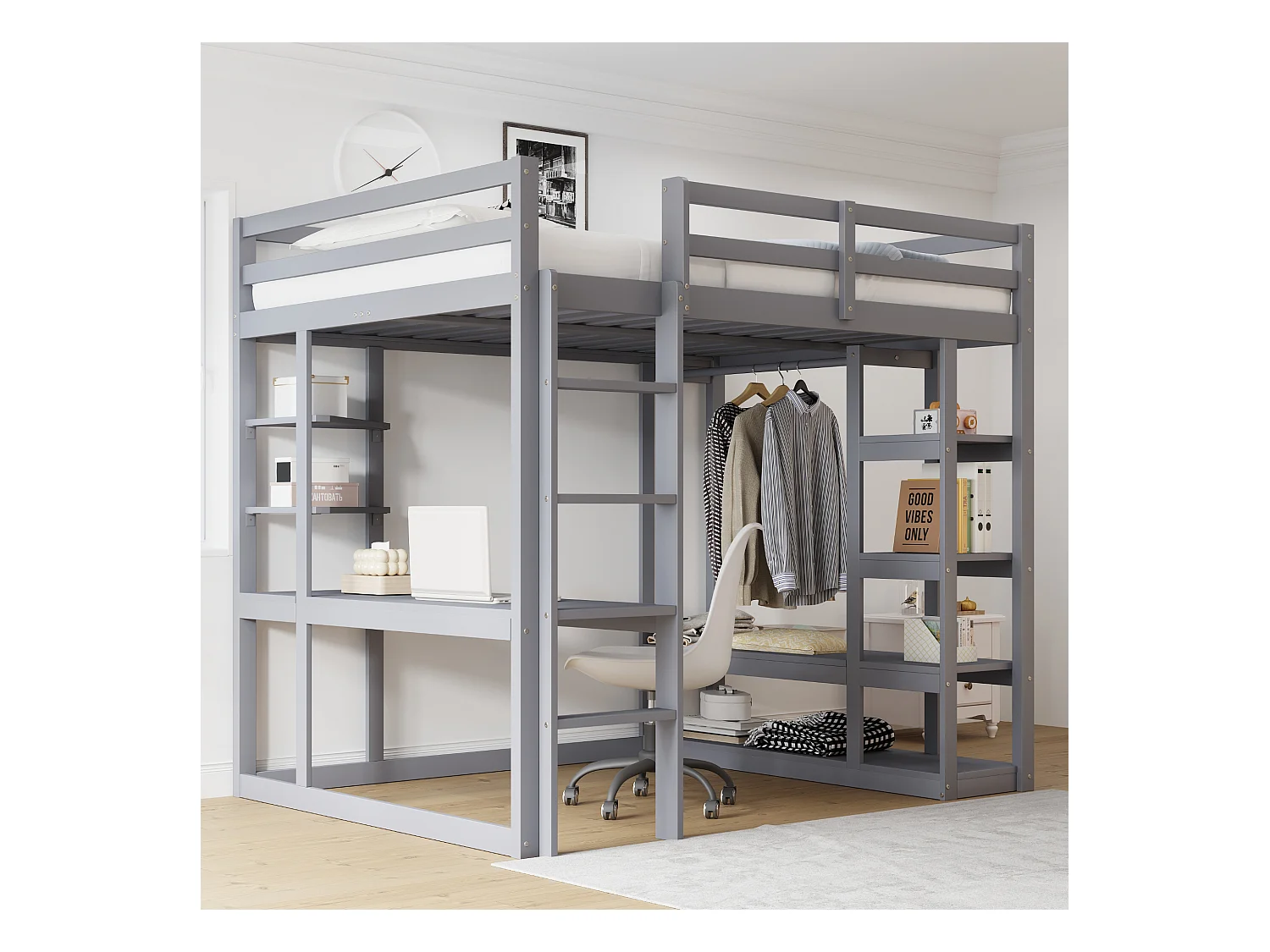 Lit mezzanine avec échelle en bois massif 140x200 cm, avec bureau et étagères, espace de rangement, gris (205x148.2x165 cm)