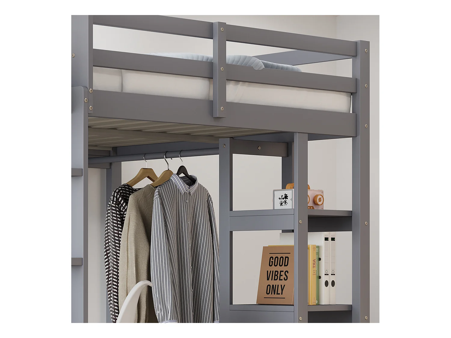 Lit mezzanine avec échelle en bois massif 140x200 cm, avec bureau et étagères, espace de rangement, gris (205x148.2x165 cm)