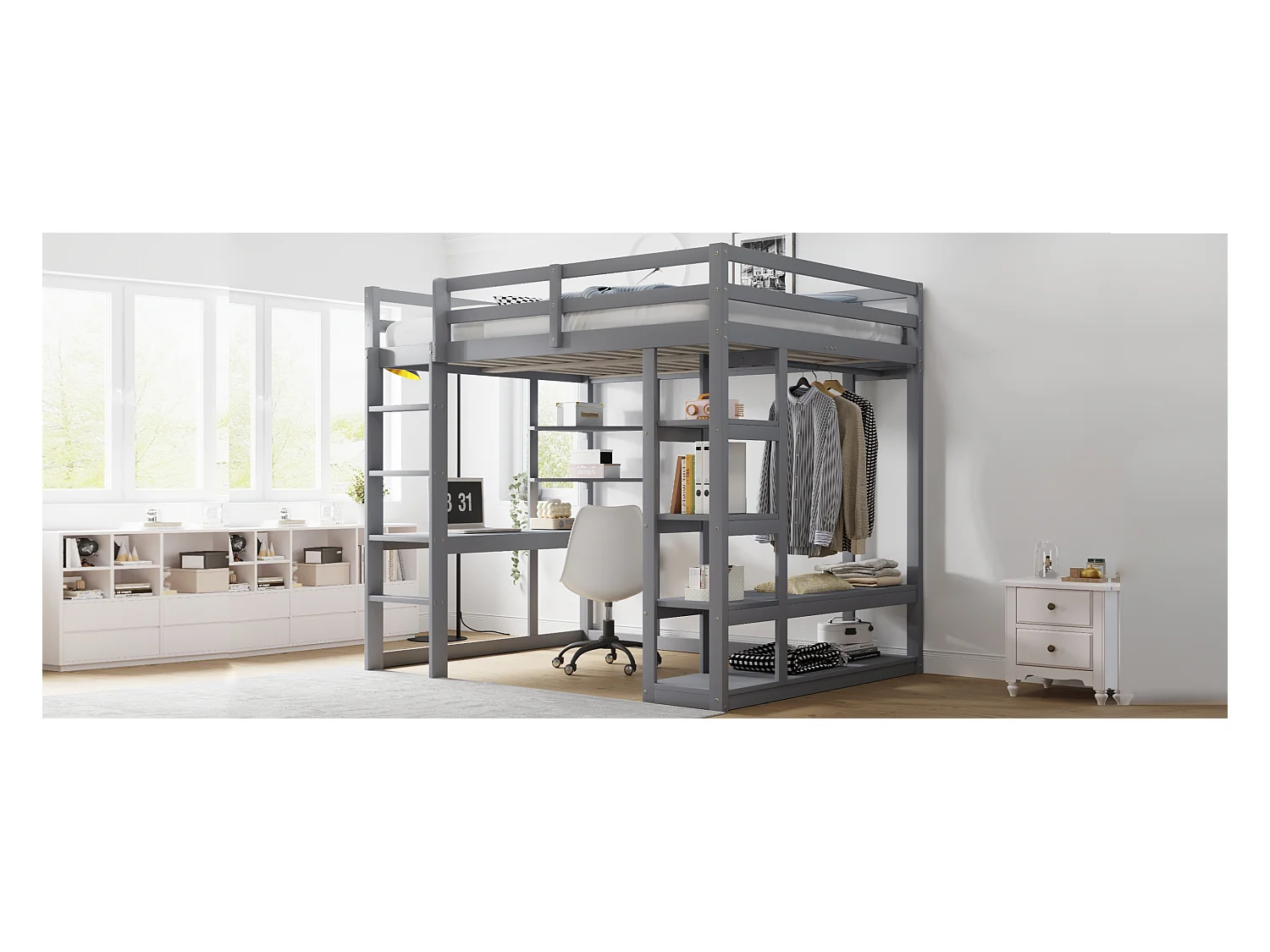 Lit mezzanine avec échelle en bois massif 140x200 cm, avec bureau et étagères, espace de rangement, gris (205x148.2x165 cm)