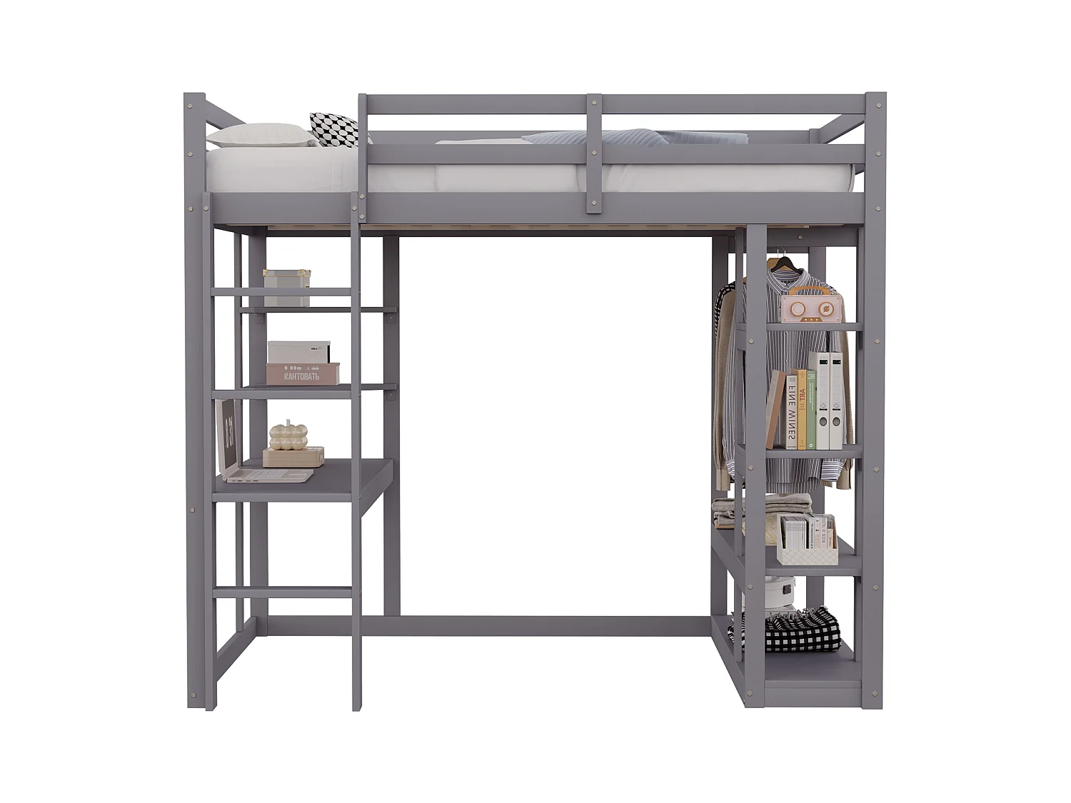 Lit mezzanine avec échelle en bois massif 140x200 cm, avec bureau et étagères, espace de rangement, gris (205x148.2x165 cm)