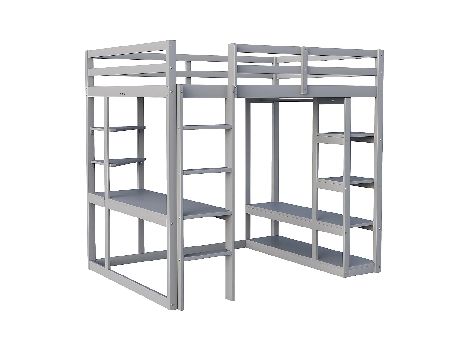 Lit mezzanine avec échelle en bois massif 140x200 cm, avec bureau et étagères, espace de rangement, gris (205x148.2x165 cm)