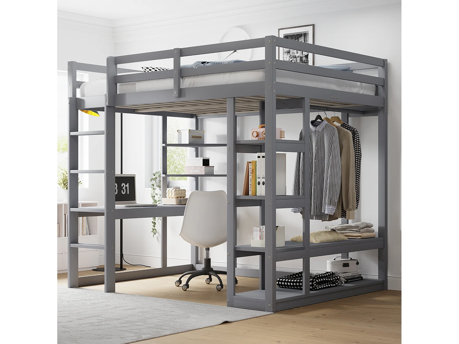 Lit mezzanine avec échelle en bois massif 140x200 cm, avec bureau et étagères, espace de rangement, gris (205x148.2x165 cm)