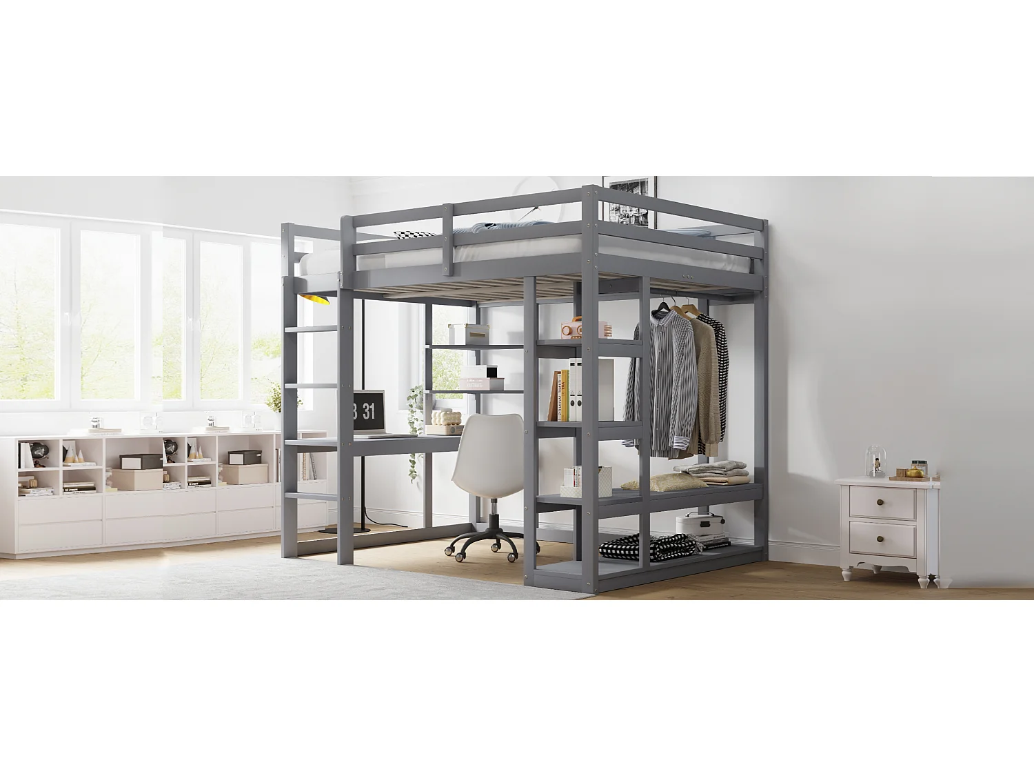 Lit mezzanine avec échelle en bois massif 140x200 cm, avec bureau et étagères, espace de rangement, gris (205x148.2x165 cm)