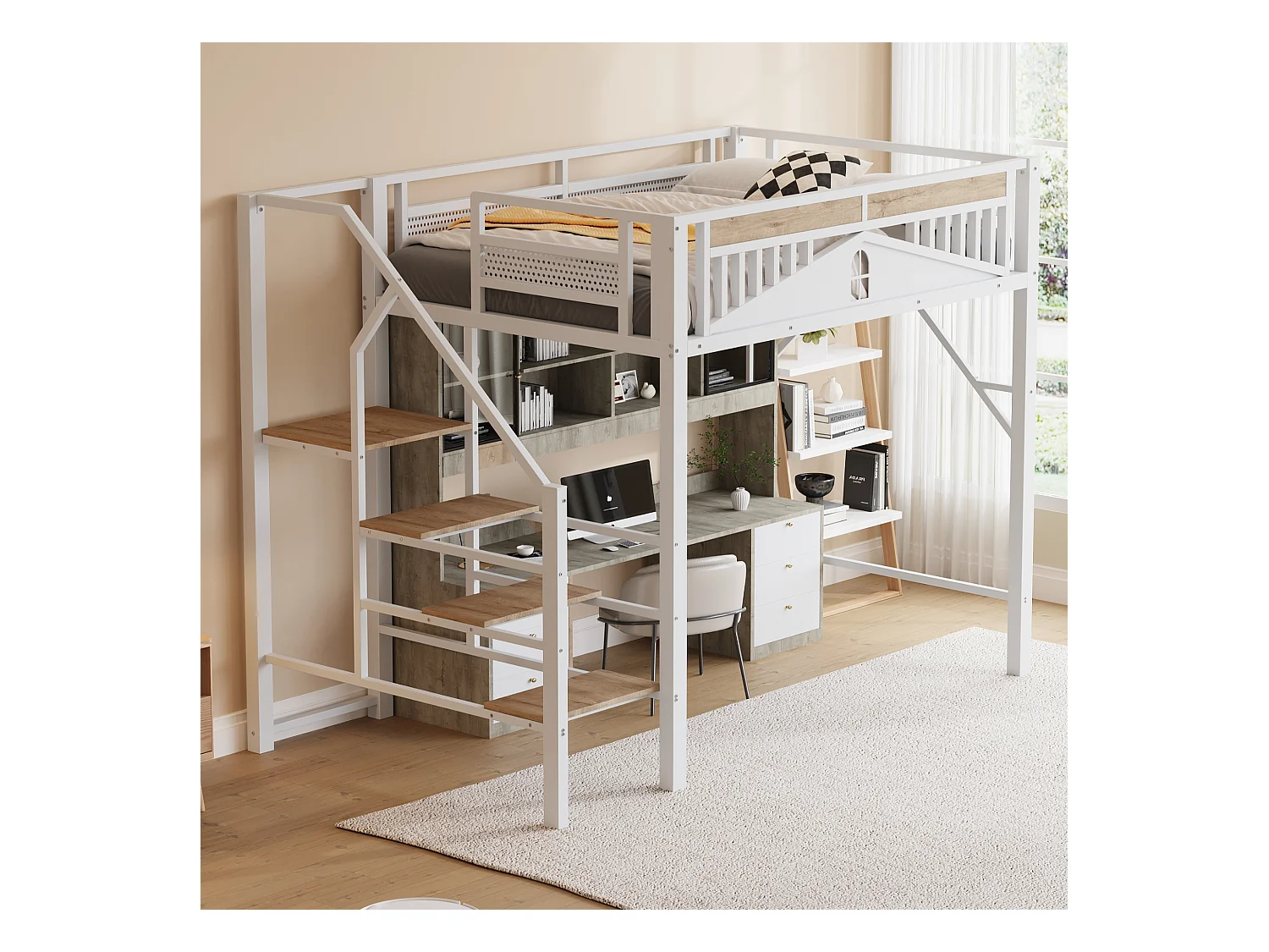 Lit mezzanine métal 140 x 200 cm, design unique avec fenêtres, échelle de sécurité, espace de rangement sous le lit, blanc (255x145x170 cm)