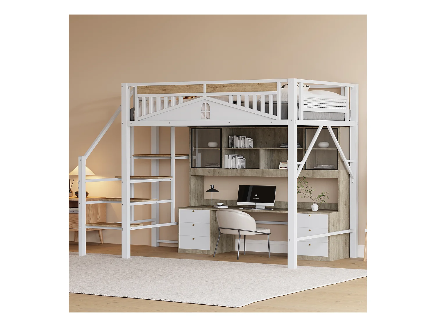 Lit mezzanine métal 140 x 200 cm, design unique avec fenêtres, échelle de sécurité, espace de rangement sous le lit, blanc (255x145x170 cm)