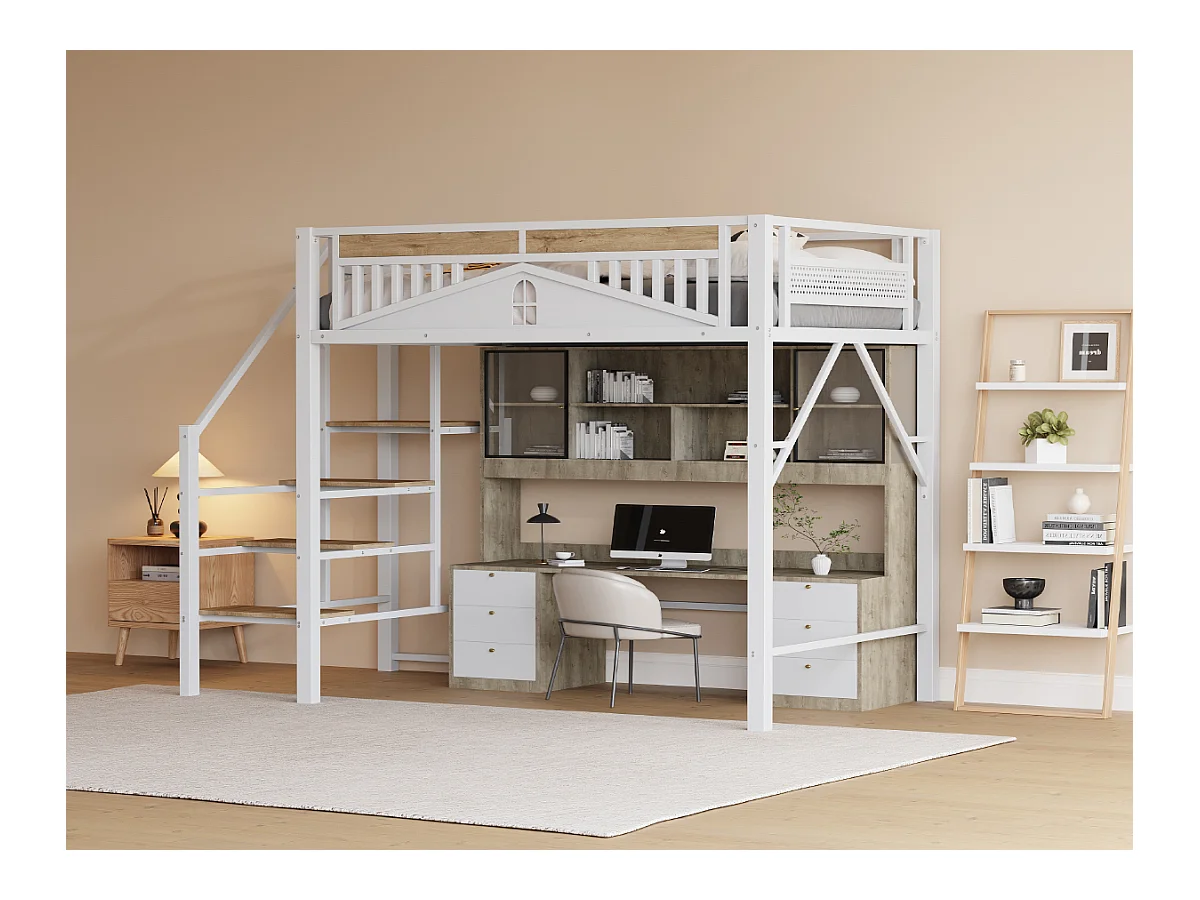 Lit mezzanine métal 140 x 200 cm, design unique avec fenêtres, échelle de sécurité, espace de rangement sous le lit, blanc (255x145x170 cm)