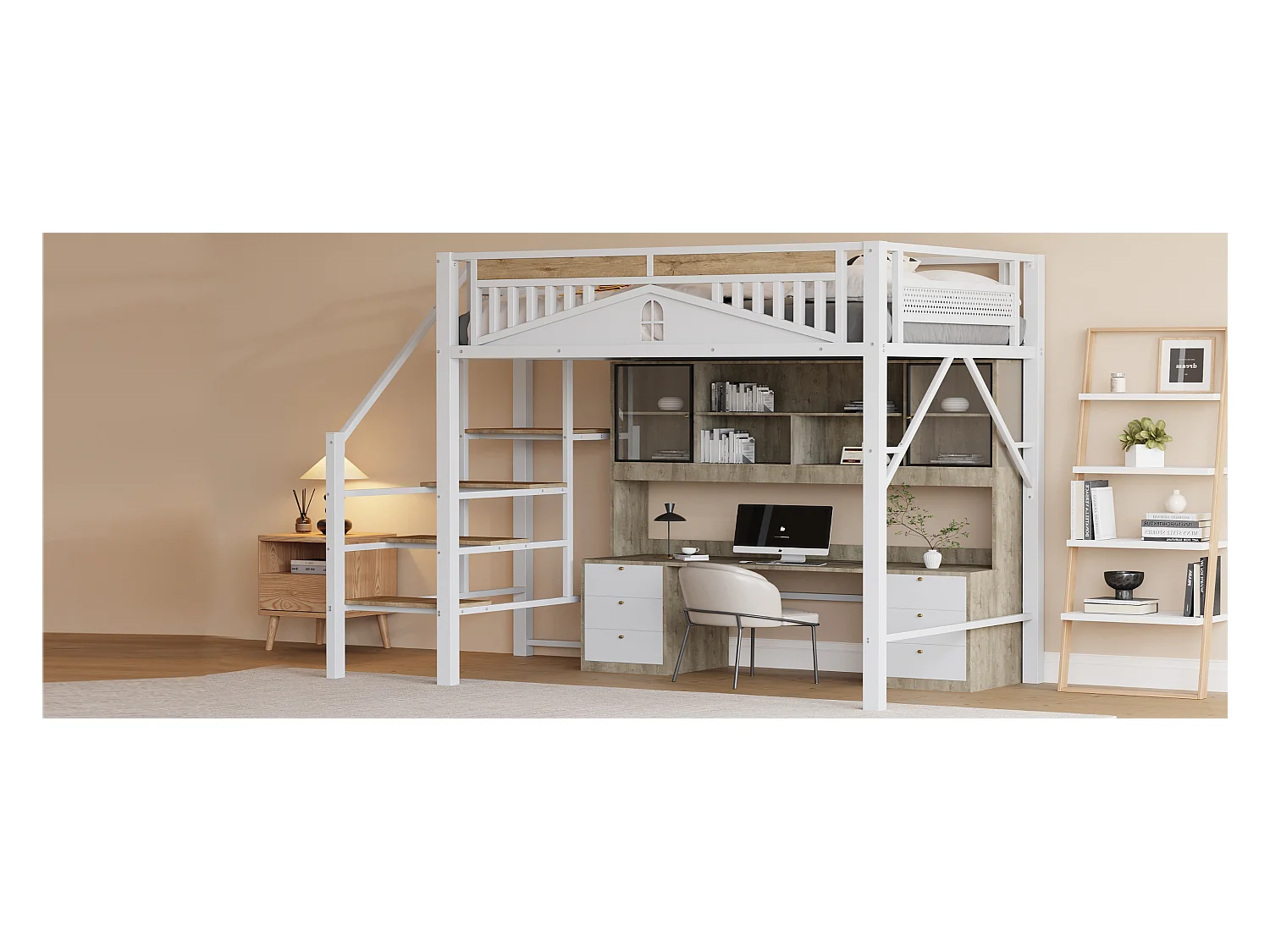 Lit mezzanine métal 140 x 200 cm, design unique avec fenêtres, échelle de sécurité, espace de rangement sous le lit, blanc (255x145x170 cm)