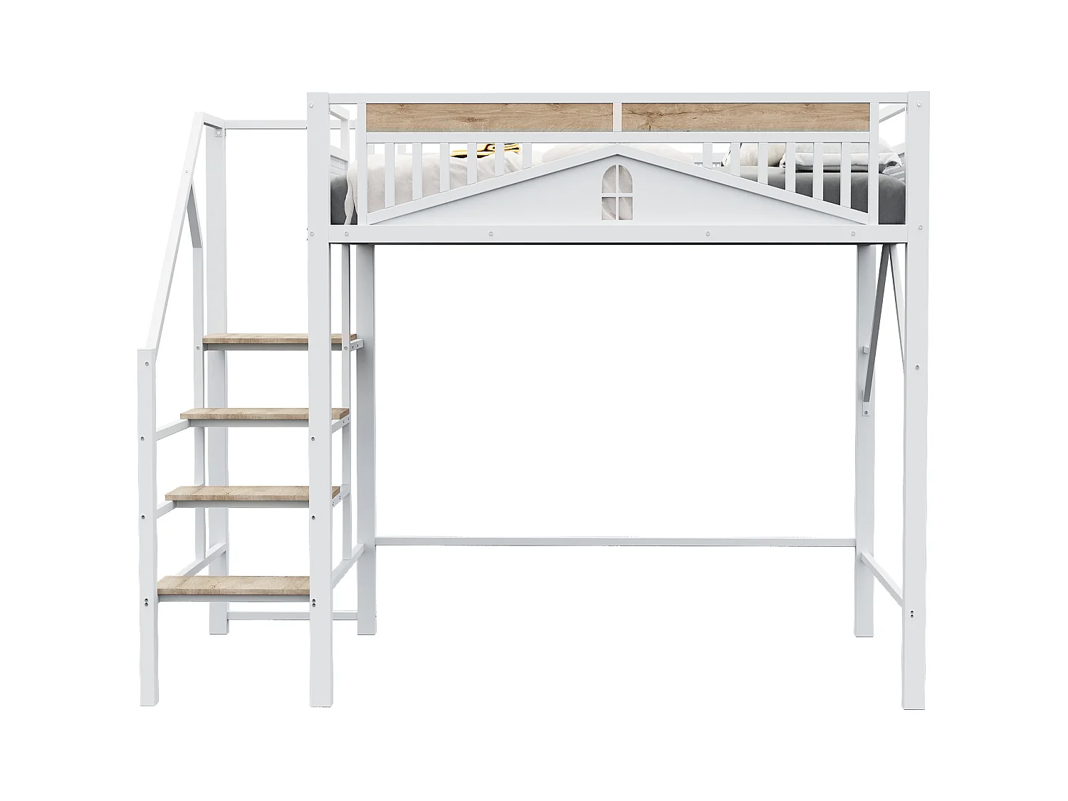 Lit mezzanine métal 140 x 200 cm, design unique avec fenêtres, échelle de sécurité, espace de rangement sous le lit, blanc (255x145x170 cm)