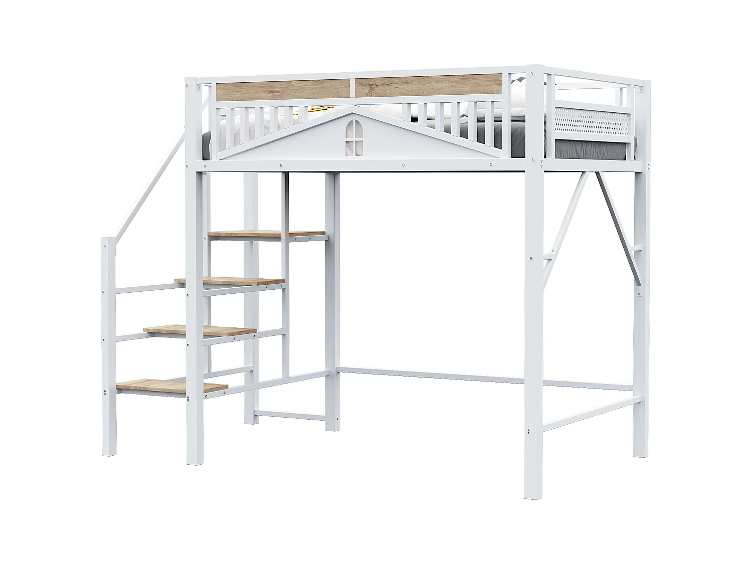 Lit mezzanine métal 140 x 200 cm, design unique avec fenêtres, échelle de sécurité, espace de rangement sous le lit, blanc (255x145x170 cm)