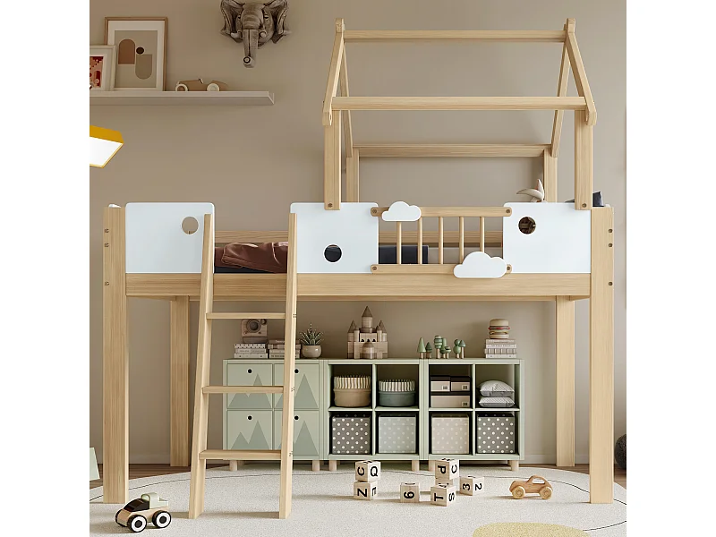 Cama alta infantil de 90x200 cm, con protección anticaídas y techo, estructura de pino, MDF y contrachapado (204,5x123,5x196 cm)