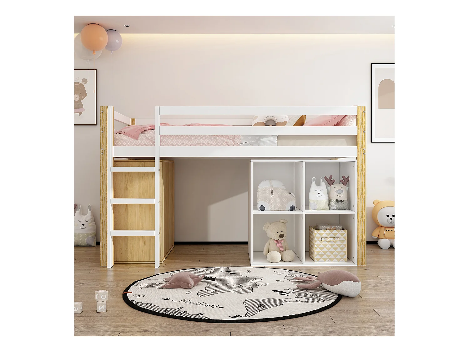 Lit mezzanine multifonctionnel pour enfant, avec 2 placards de rangement et échelle, bois massif, naturel et blanc (90x200 cm)