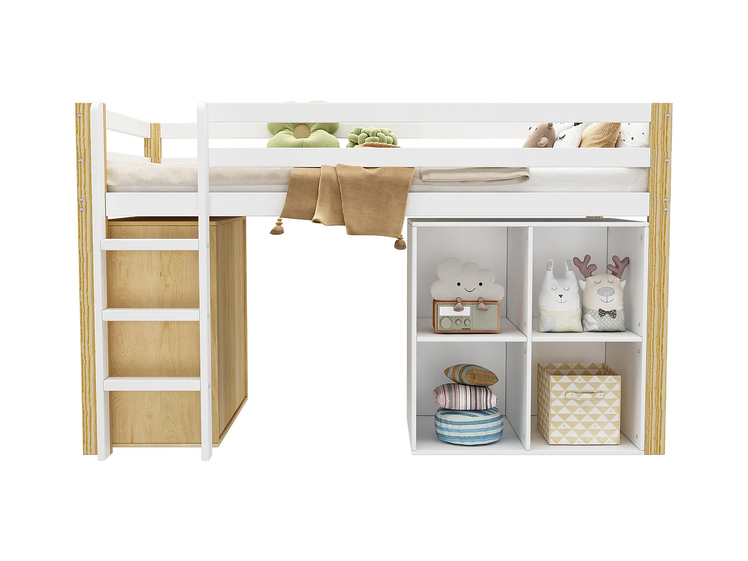 Lit mezzanine multifonctionnel pour enfant, avec 2 placards de rangement et échelle, bois massif, naturel et blanc (90x200 cm)