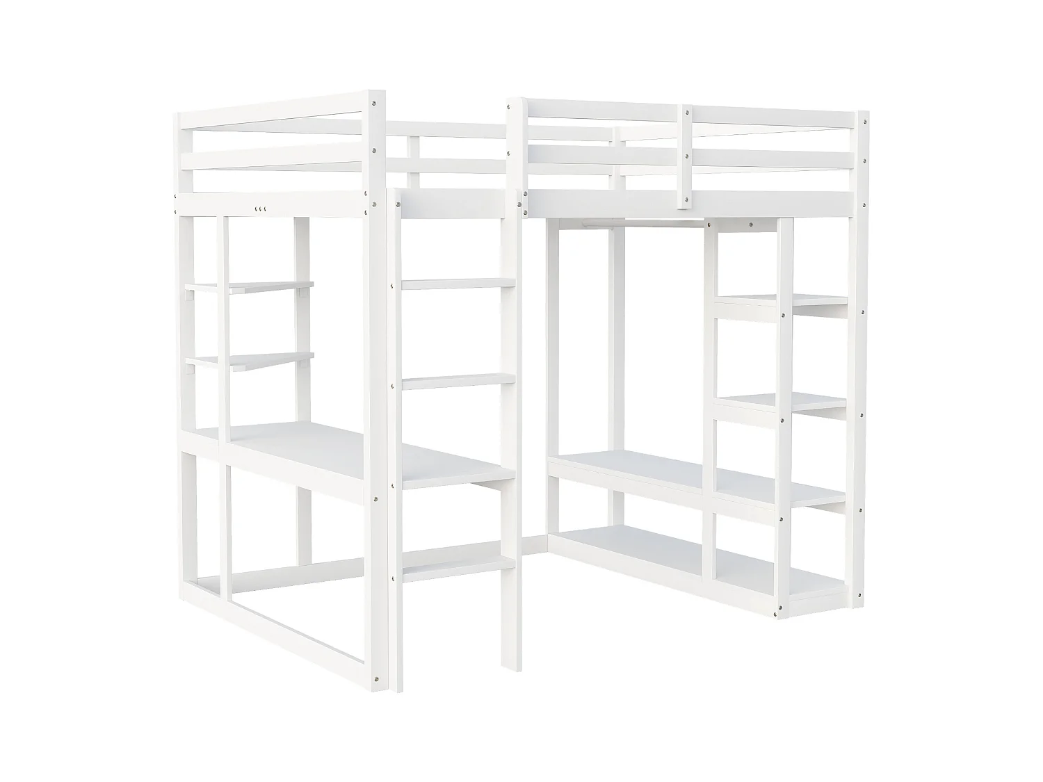 Lit mezzanine avec échelle en bois massif 140x200 cm, avec bureau, étagères et espace de rangement, design simple, blanc (205x148.2x165 cm)