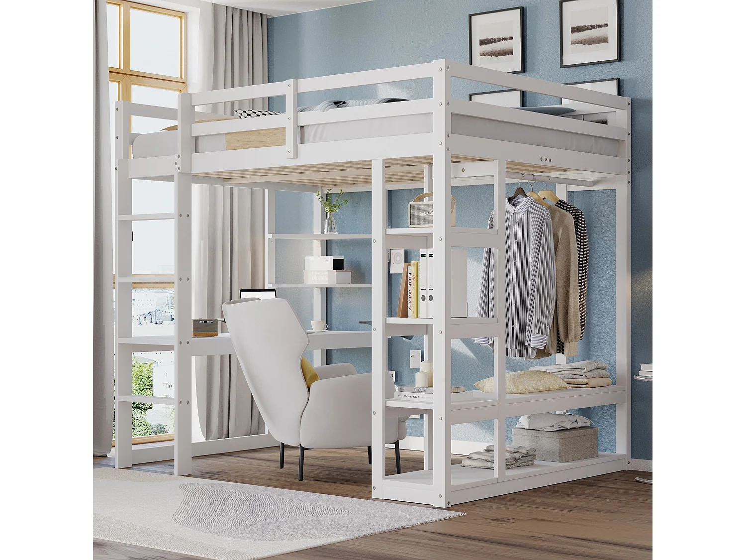 Lit mezzanine avec échelle en bois massif 140x200 cm, avec bureau, étagères et espace de rangement, design simple, blanc (205x148.2x165 cm)