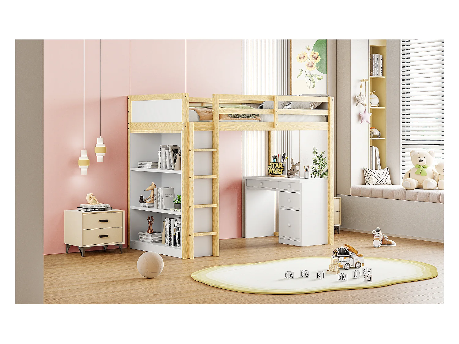 Lit mezzanine 90x200 cm avec rangement et bureau, lit multifonction en bois naturel (205x102.5x180 cm)