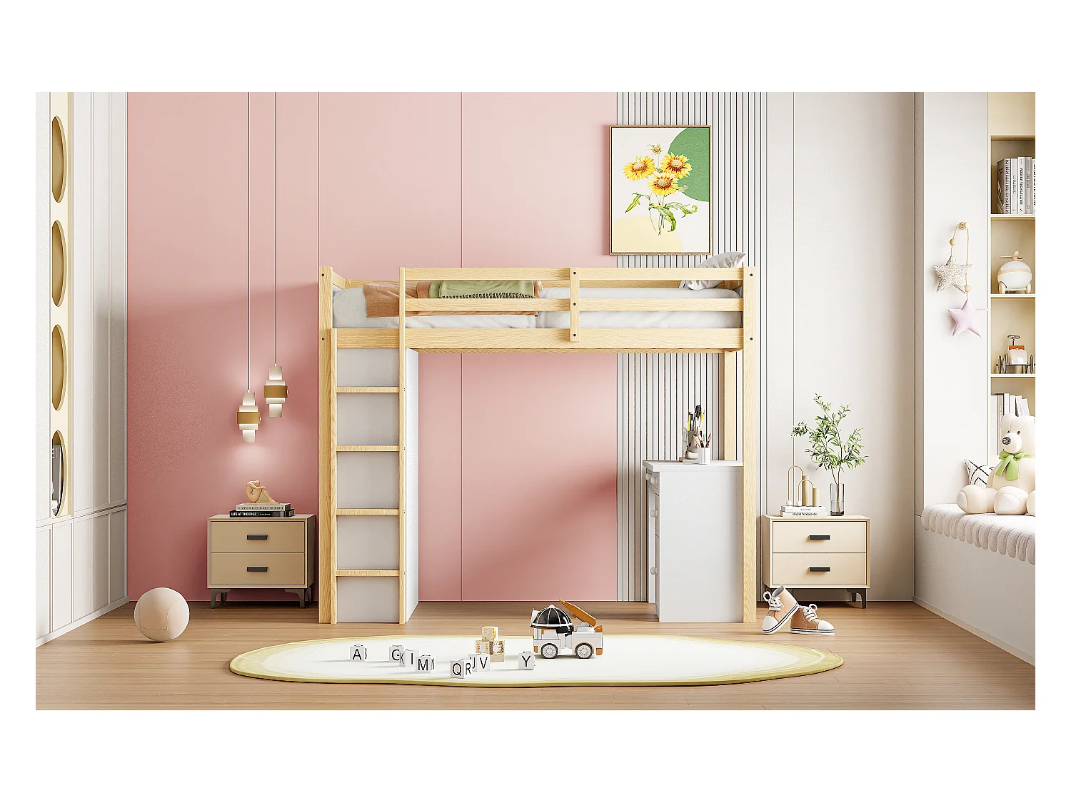 Lit mezzanine 90x200 cm avec rangement et bureau, lit multifonction en bois naturel (205x102.5x180 cm)