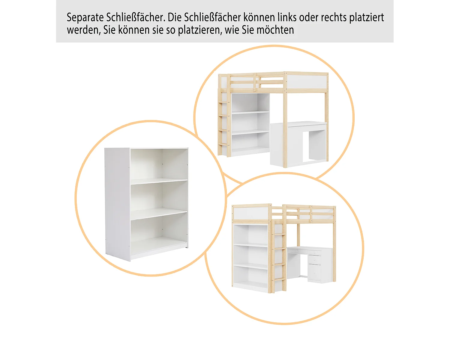 Hoogslaper 90x200 cm met opbergruimte en bureau, multifunctioneel bed in natuurlijk hout (205x102,5x180 cm)