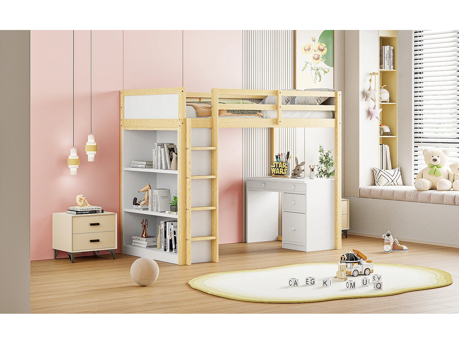 Hoogslaper 90x200 cm met opbergruimte en bureau, multifunctioneel bed in natuurlijk hout (205x102,5x180 cm)