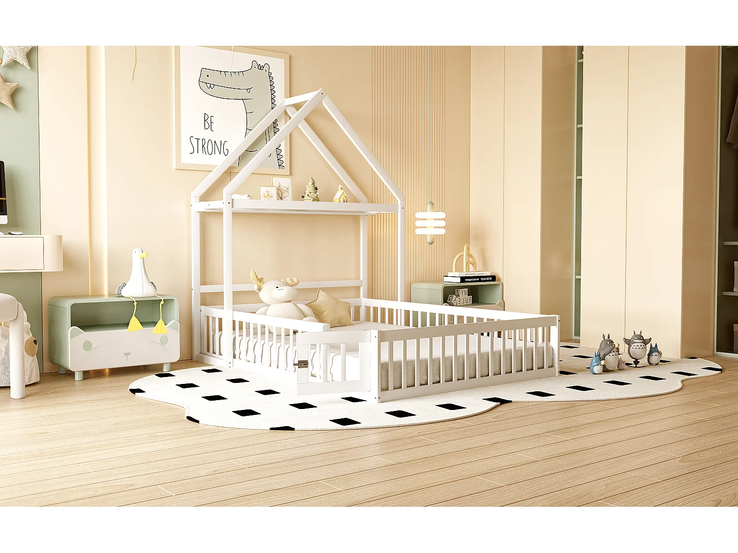 Hoogslaper 90x200 cm met opbergruimte en bureau, multifunctioneel bed in natuurlijk hout (205x102,5x180 cm)