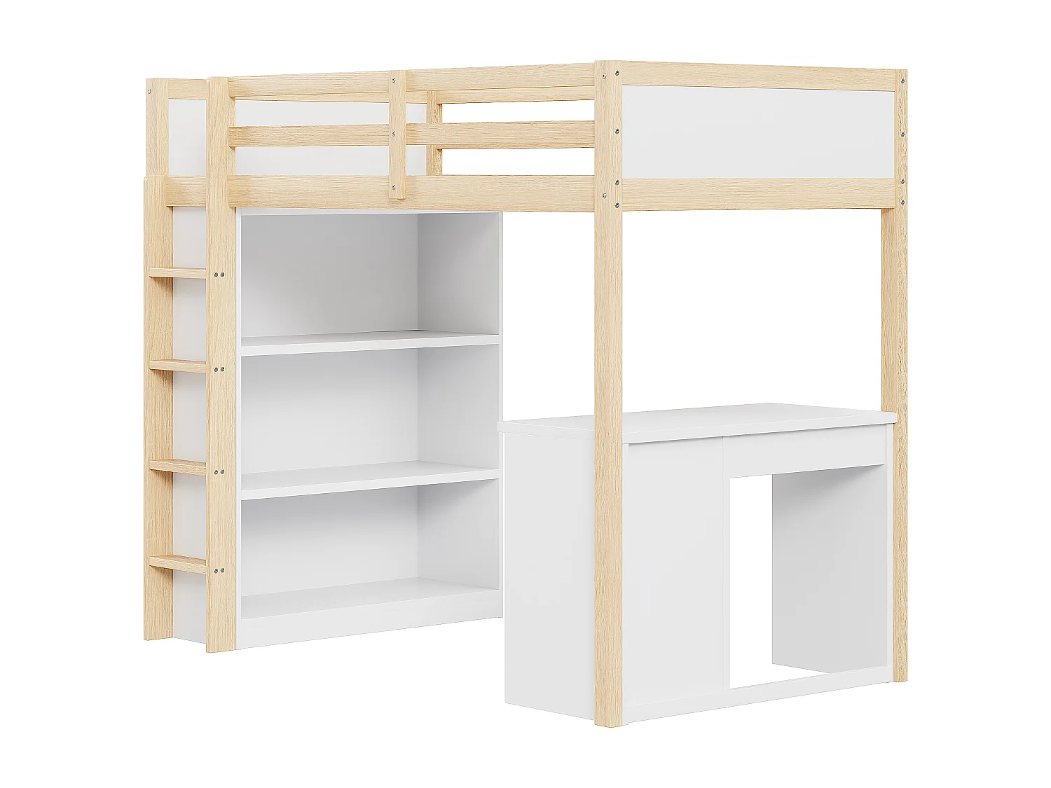 Hoogslaper 90x200 cm met opbergruimte en bureau, multifunctioneel bed in natuurlijk hout (205x102,5x180 cm)