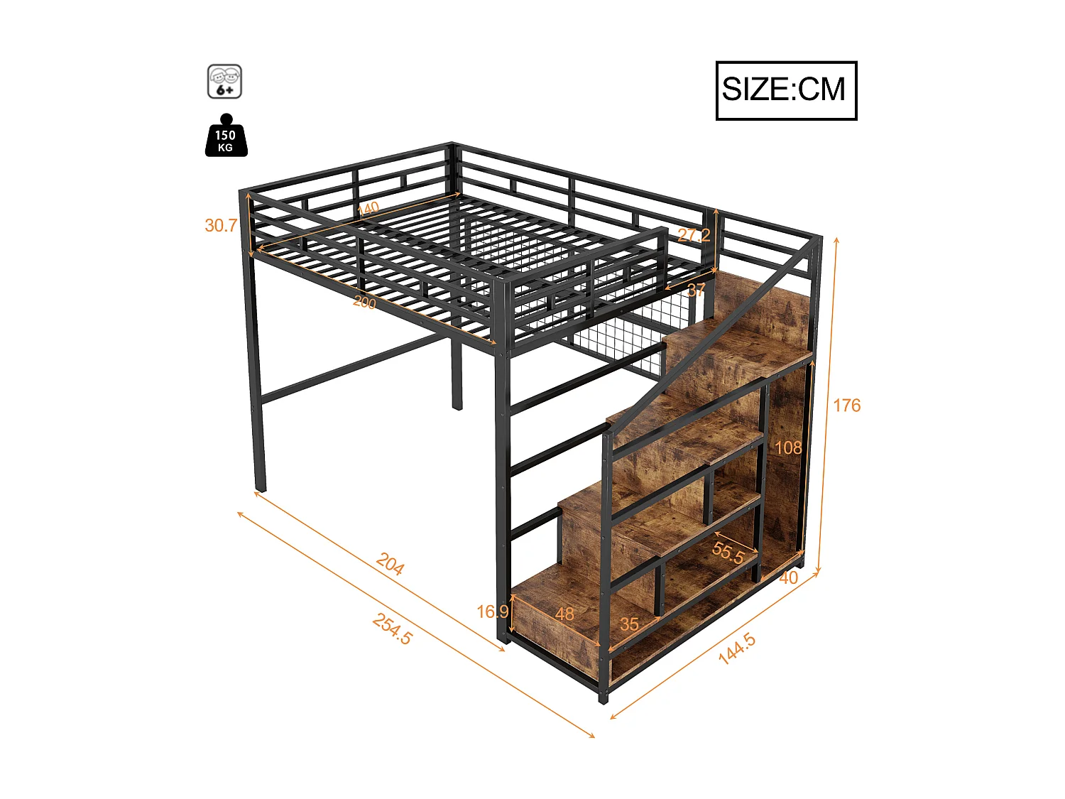 Lit mezzanine, 140x200 cm, avec armoire, échelle de rangement, grilles pour suspendre, 7 couleurs LED, métal, noir (254.5x144.5x176 cm)