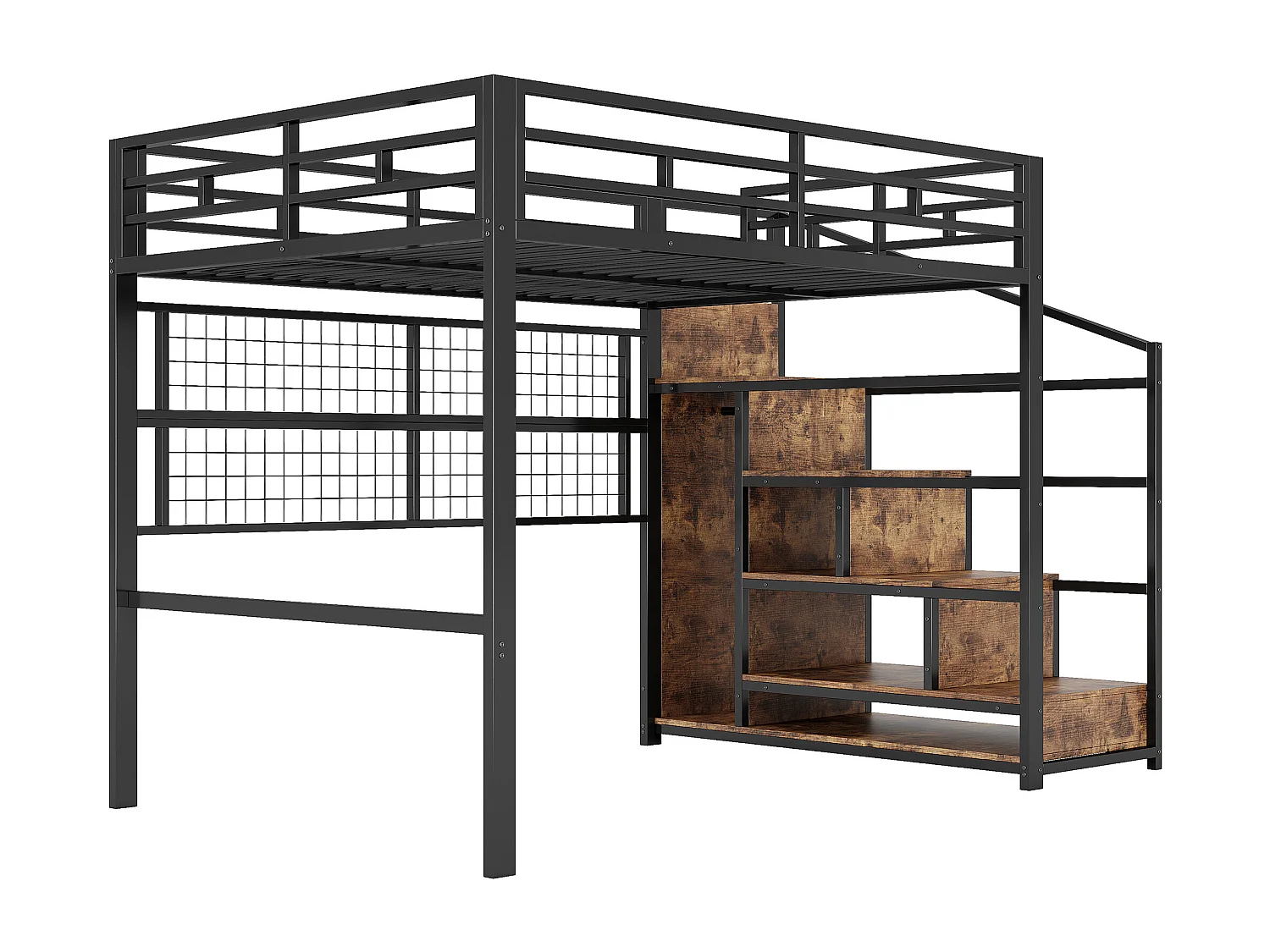 Lit mezzanine, 140x200 cm, avec armoire, échelle de rangement, grilles pour suspendre, 7 couleurs LED, métal, noir (254.5x144.5x176 cm)