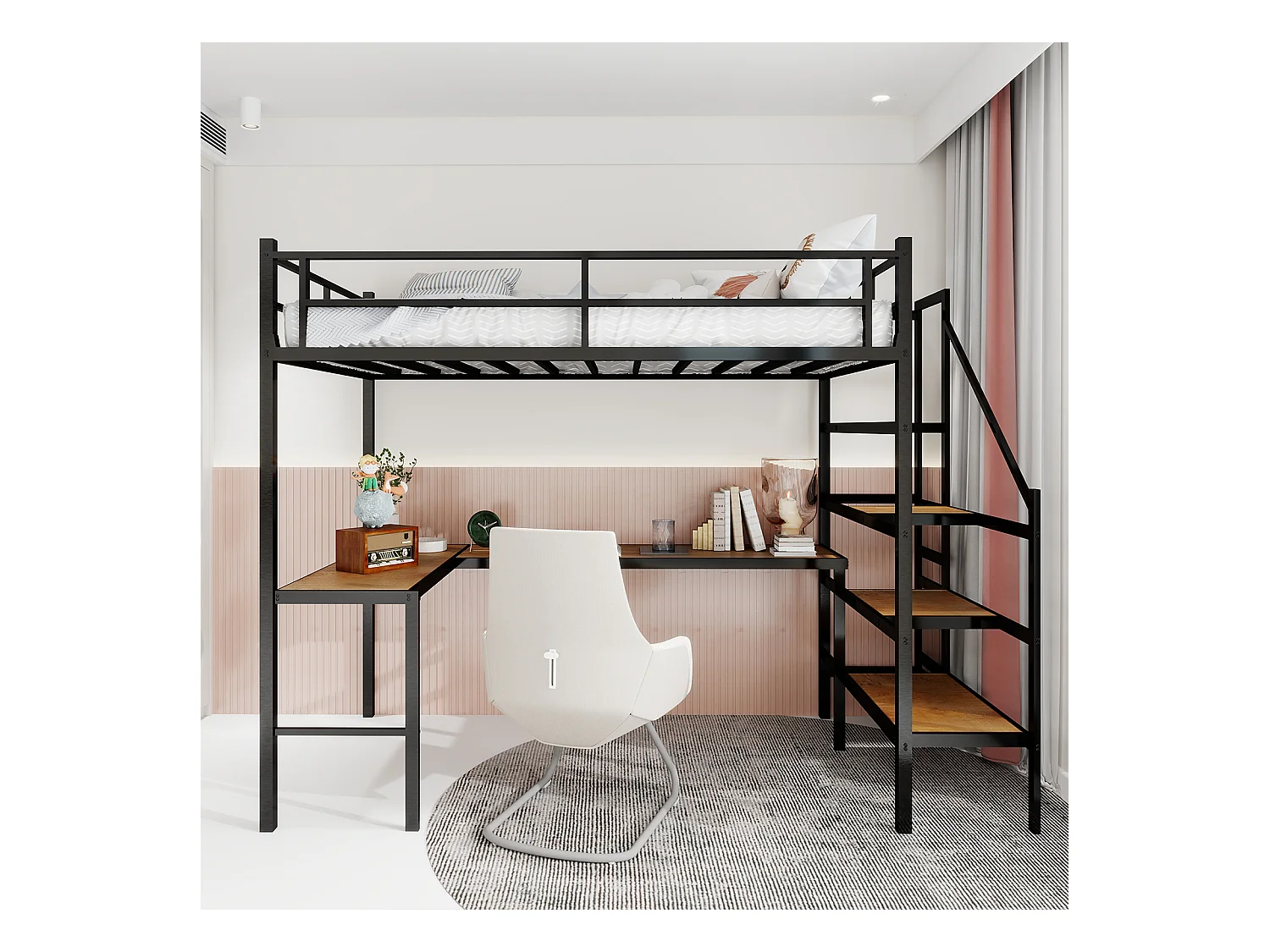 Lit mezzanine avec bureau en L intégré, grand espace de rangement, structure métallique, couleur noire (197x106x175.5 cm)