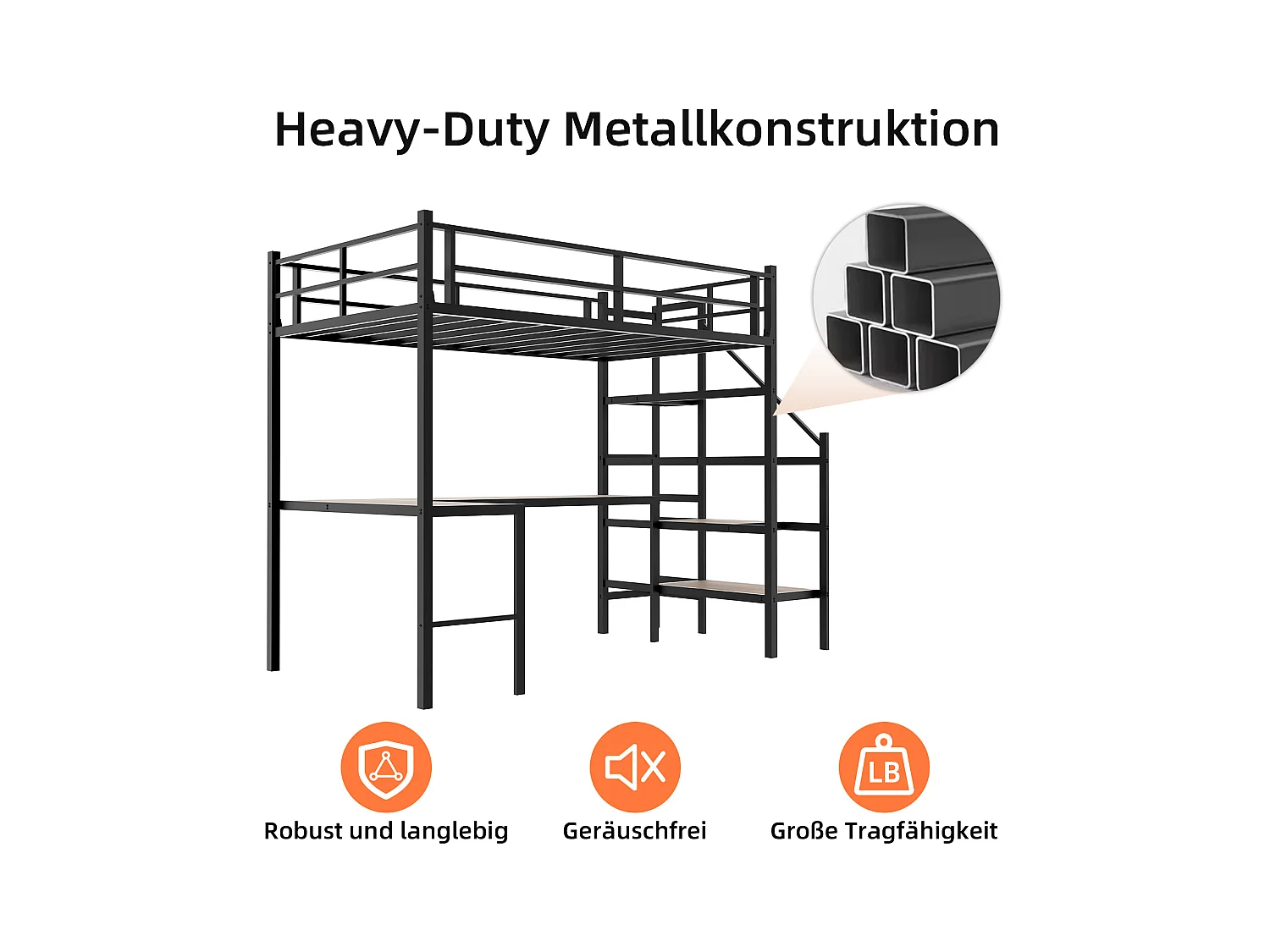Lit mezzanine avec bureau en L intégré, grand espace de rangement, structure métallique, couleur noire (197x106x175.5 cm)