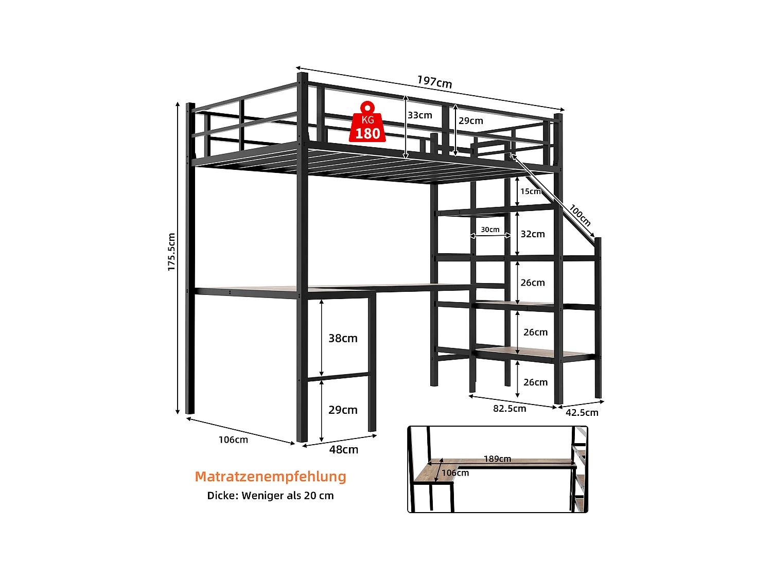 Lit mezzanine avec bureau en L intégré, grand espace de rangement, structure métallique, couleur noire (197x106x175.5 cm)