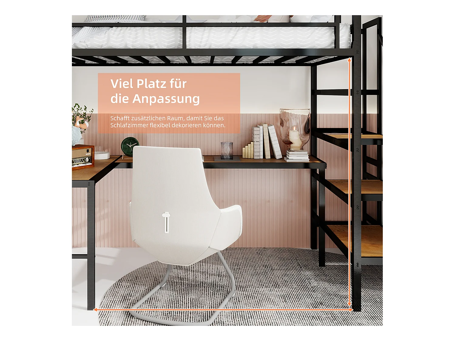 Lit mezzanine avec bureau en L intégré, grand espace de rangement, structure métallique, couleur noire (197x106x175.5 cm)