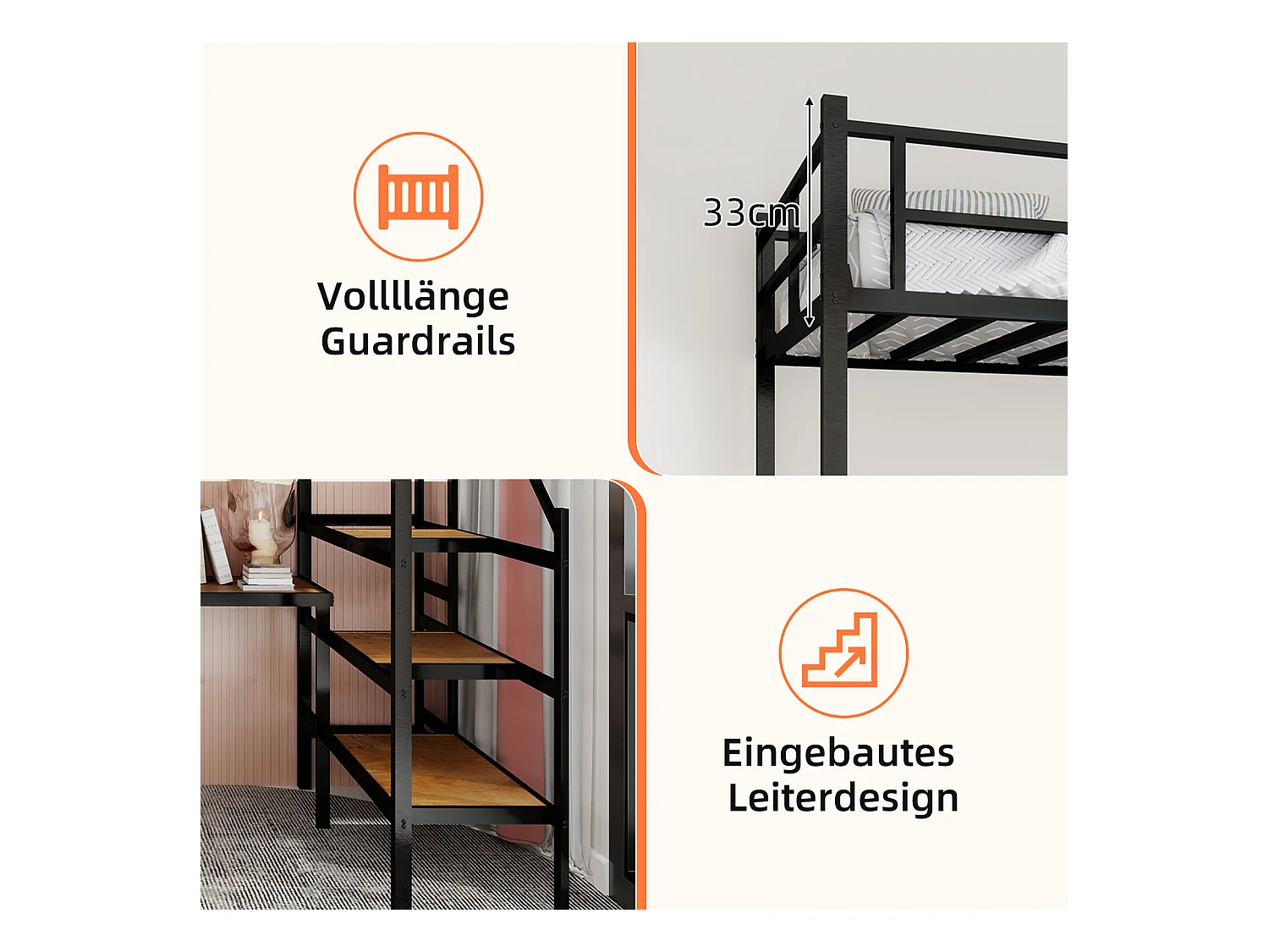 Lit mezzanine avec bureau en L intégré, grand espace de rangement, structure métallique, couleur noire (197x106x175.5 cm)