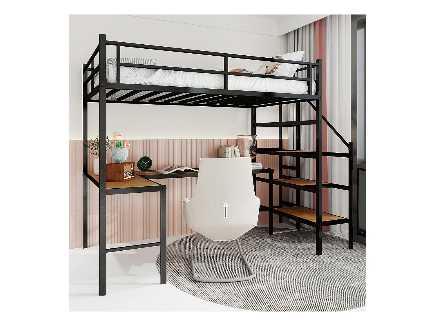 Lit mezzanine avec bureau en L intégré, grand espace de rangement, structure métallique, couleur noire (197x106x175.5 cm)