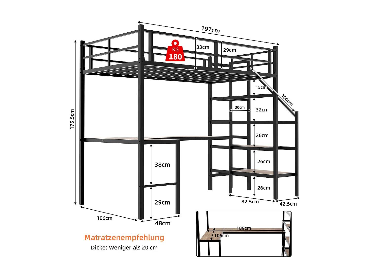 Lit mezzanine avec bureau en L intégré, grand espace de rangement, structure métallique, couleur noire (197x106x175.5 cm)