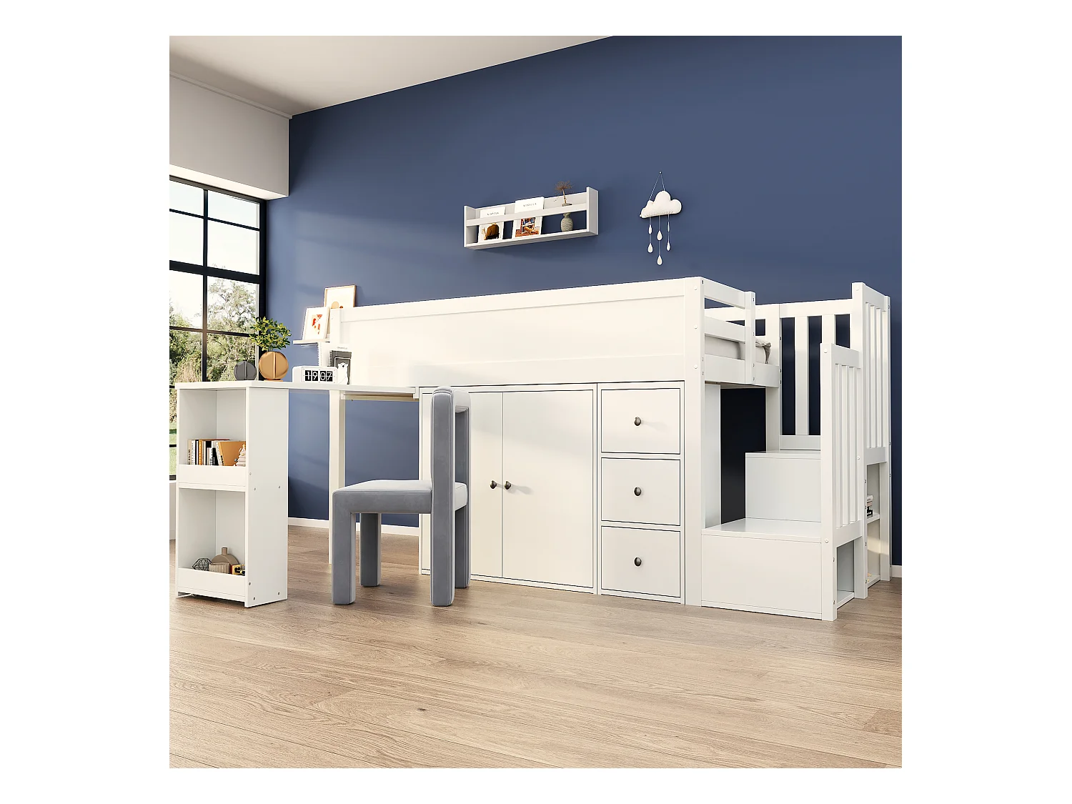 Lit mezzanine multifonctionnel avec bureau extensible, étagère, tiroir et rangement, en MDF, blanc (90x200 cm)