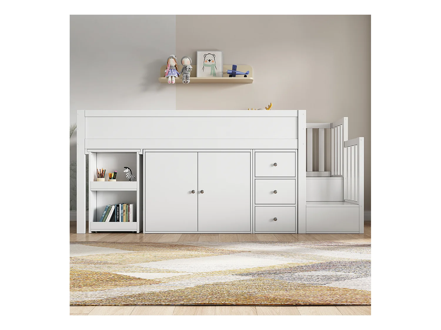 Lit mezzanine multifonctionnel avec bureau extensible, étagère, tiroir et rangement, en MDF, blanc (90x200 cm)