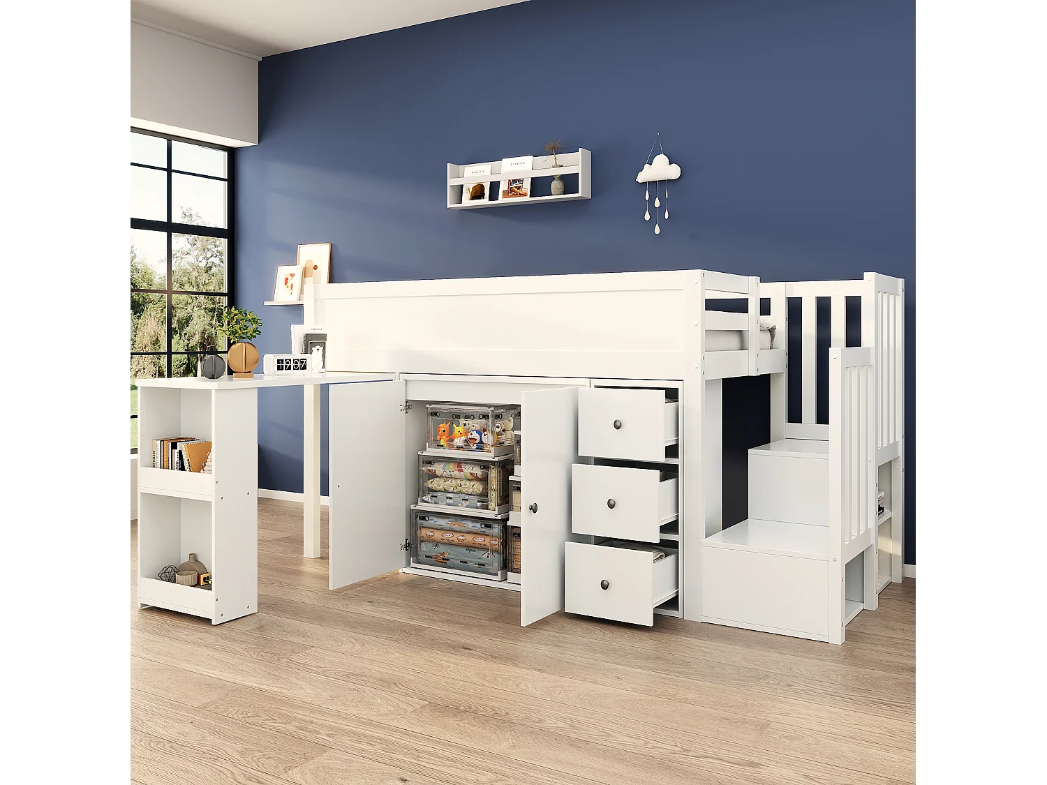 Lit mezzanine multifonctionnel avec bureau extensible, étagère, tiroir et rangement, en MDF, blanc (90x200 cm)