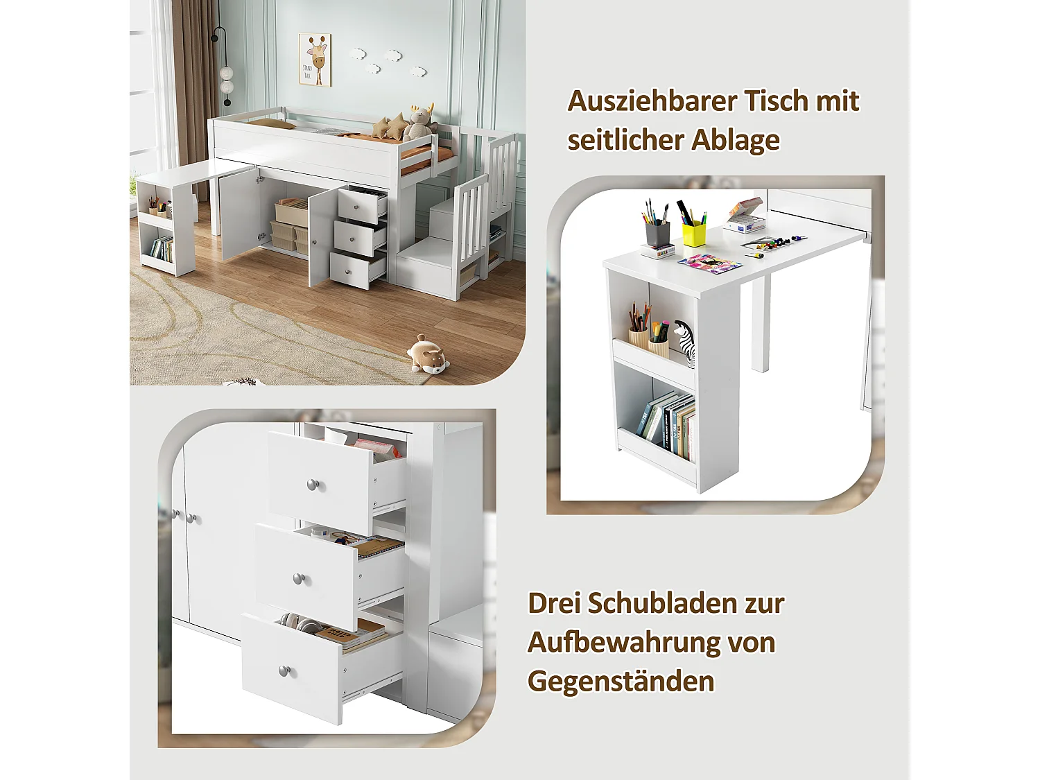 Lit mezzanine multifonctionnel avec bureau extensible, étagère, tiroir et rangement, en MDF, blanc (90x200 cm)