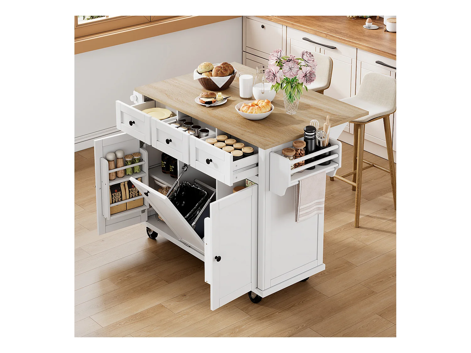 Îlot de cuisine avec roulettes, espace repas extensible, avec poubelle et tiroirs, mobile, idéal pour cuisine et salle à manger (126x46.8x94.2 cm)