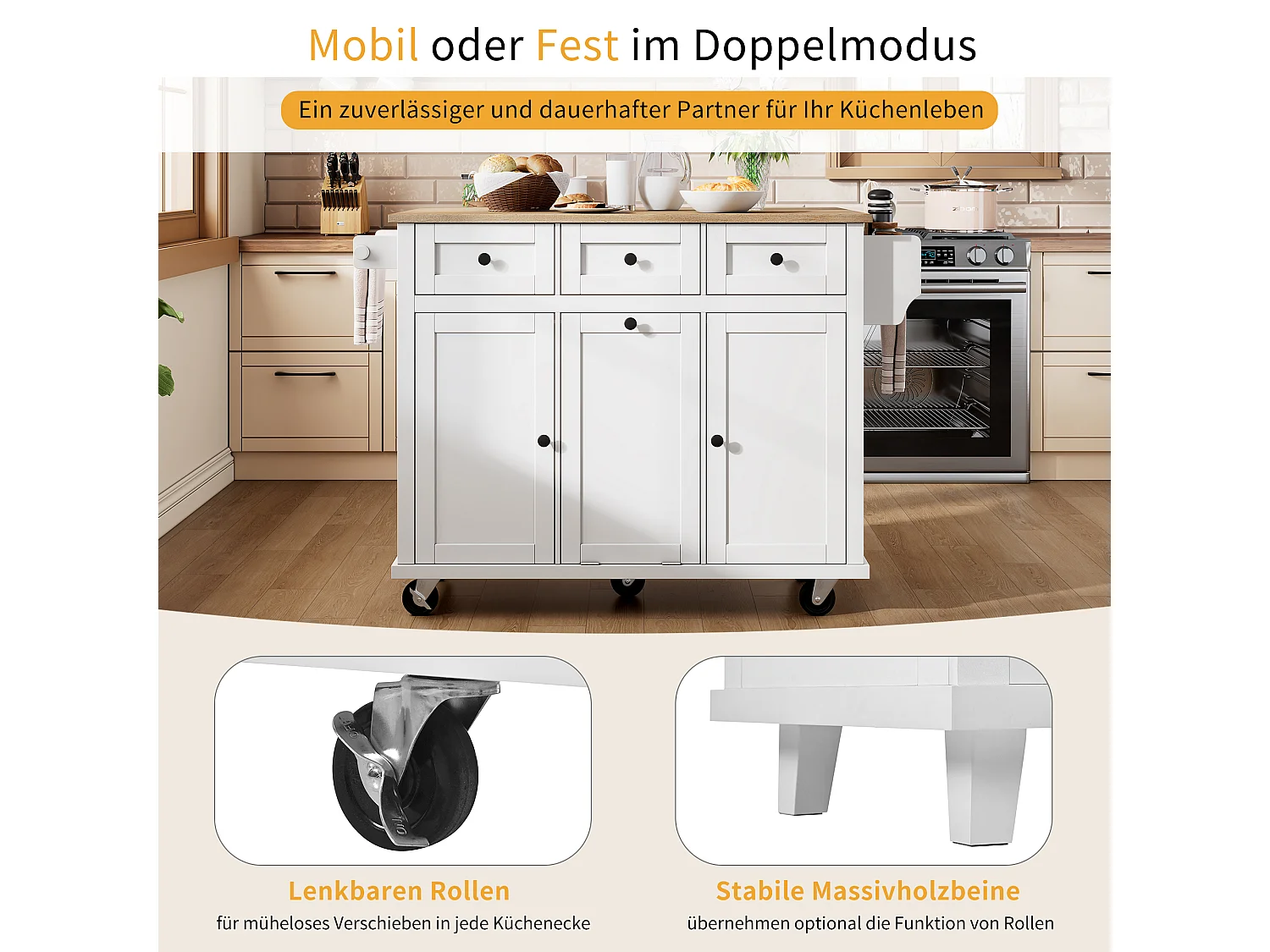 Isla de cocina con ruedas, zona de comedor extensible, con papelera y cajones, móvil, ideal para cocina y comedor (126x46,8x94,2 cm)