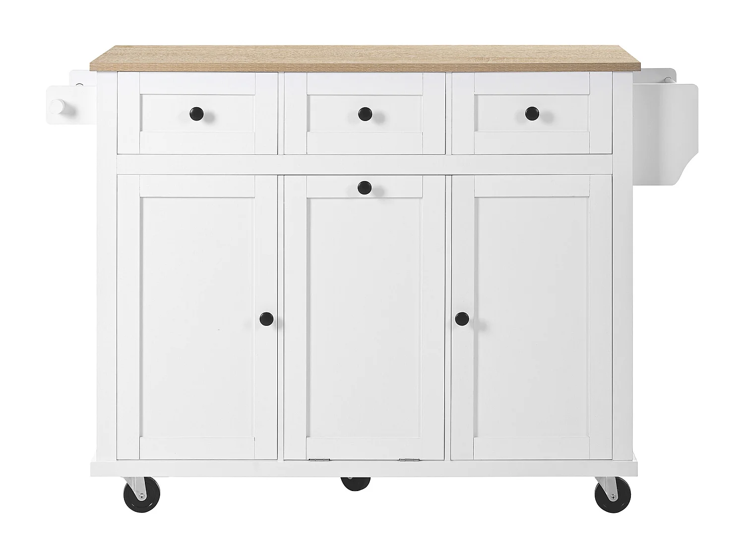 Isla de cocina con ruedas, zona de comedor extensible, con papelera y cajones, móvil, ideal para cocina y comedor (126x46,8x94,2 cm)