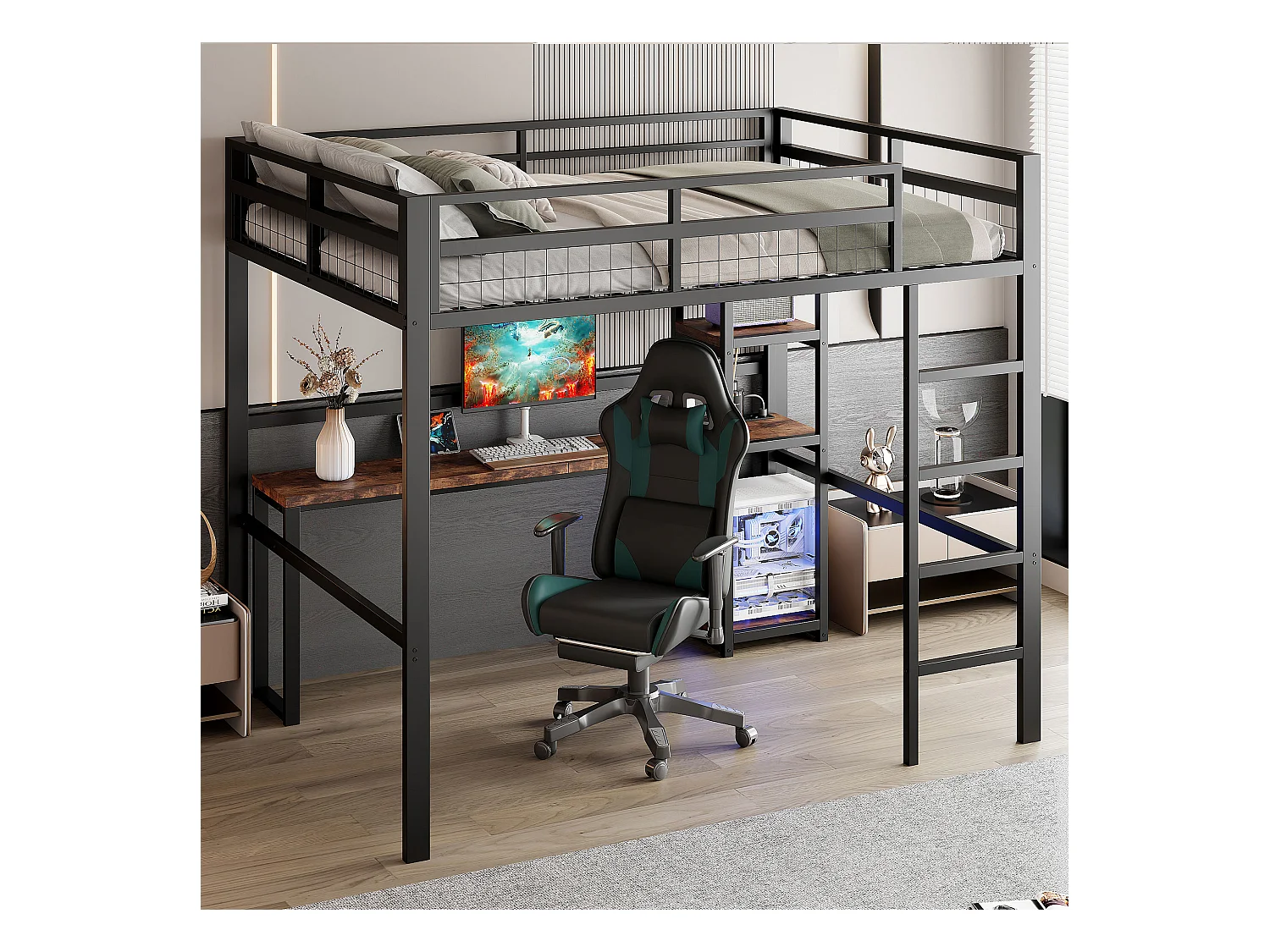 Lit mezzanine, 140 x 200 cm, cadre en métal, étagères multiples, bureau avec prise USB et Type-C (204x144x180 cm)