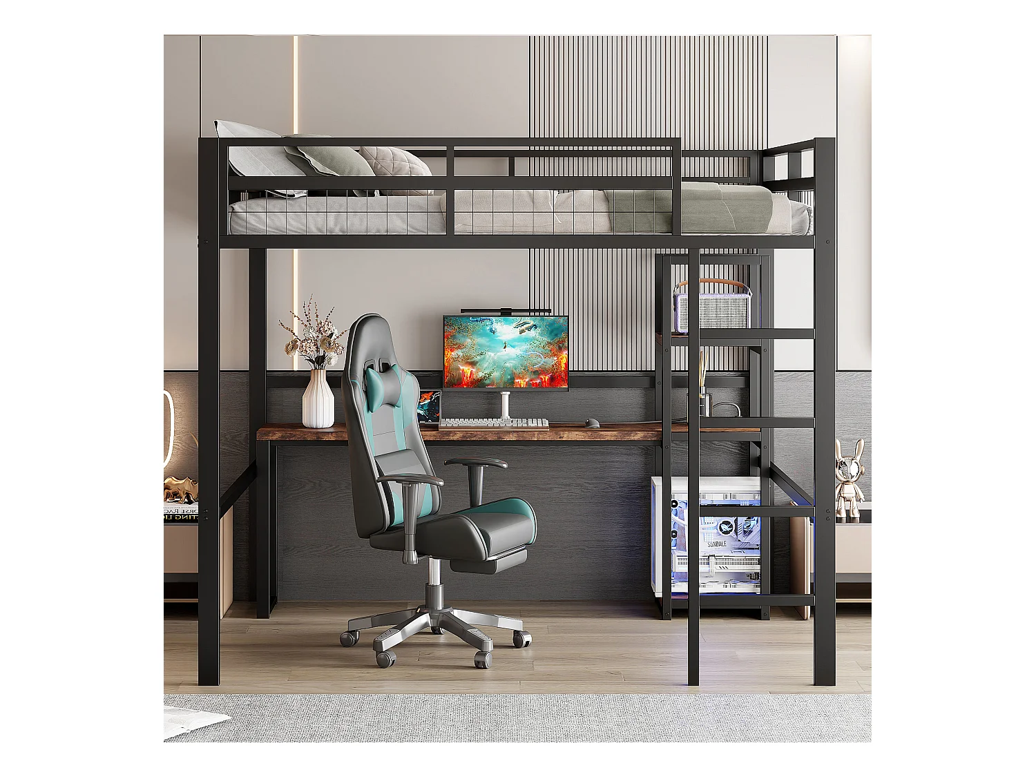 Lit mezzanine, 140 x 200 cm, cadre en métal, étagères multiples, bureau avec prise USB et Type-C (204x144x180 cm)