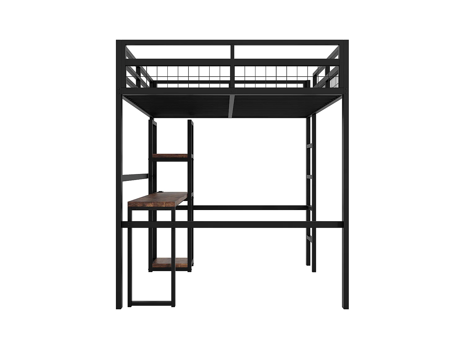 Lit mezzanine, 140 x 200 cm, cadre en métal, étagères multiples, bureau avec prise USB et Type-C (204x144x180 cm)