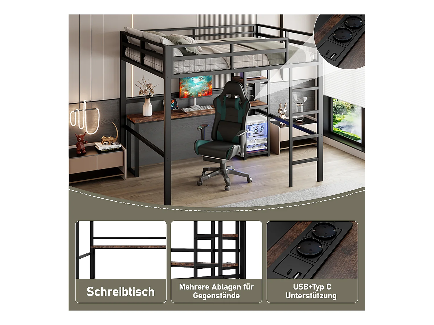 Lit mezzanine, 140 x 200 cm, cadre en métal, étagères multiples, bureau avec prise USB et Type-C (204x144x180 cm)