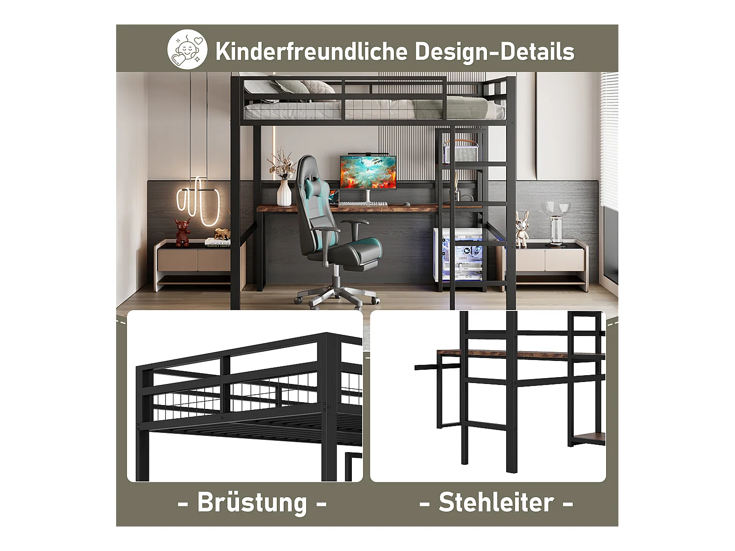 Lit mezzanine, 140 x 200 cm, cadre en métal, étagères multiples, bureau avec prise USB et Type-C (204x144x180 cm)