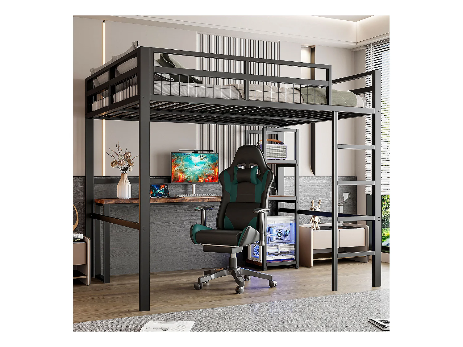 Lit mezzanine, 140 x 200 cm, cadre en métal, étagères multiples, bureau avec prise USB et Type-C (204x144x180 cm)