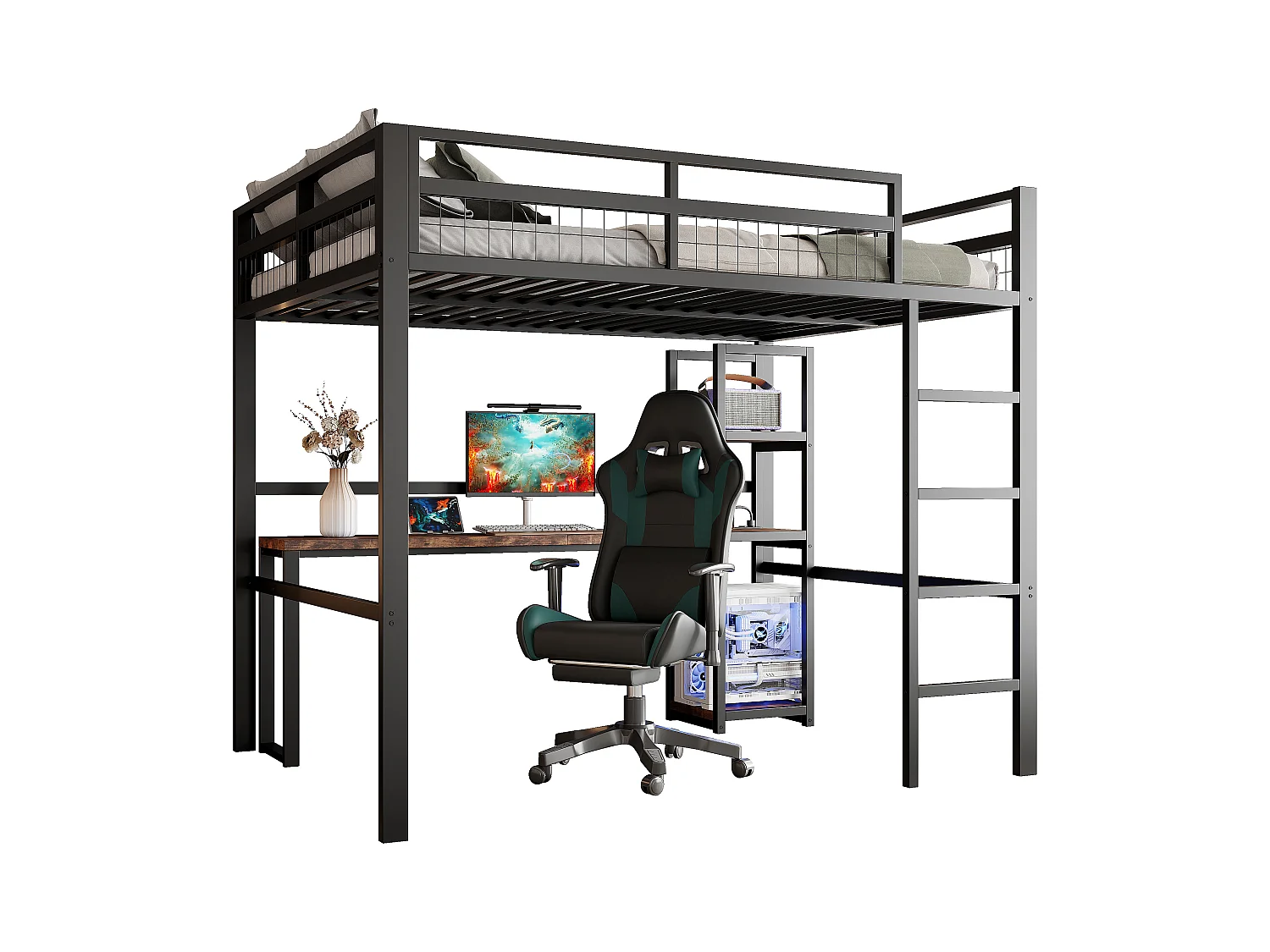 Lit mezzanine, 140 x 200 cm, cadre en métal, étagères multiples, bureau avec prise USB et Type-C (204x144x180 cm)