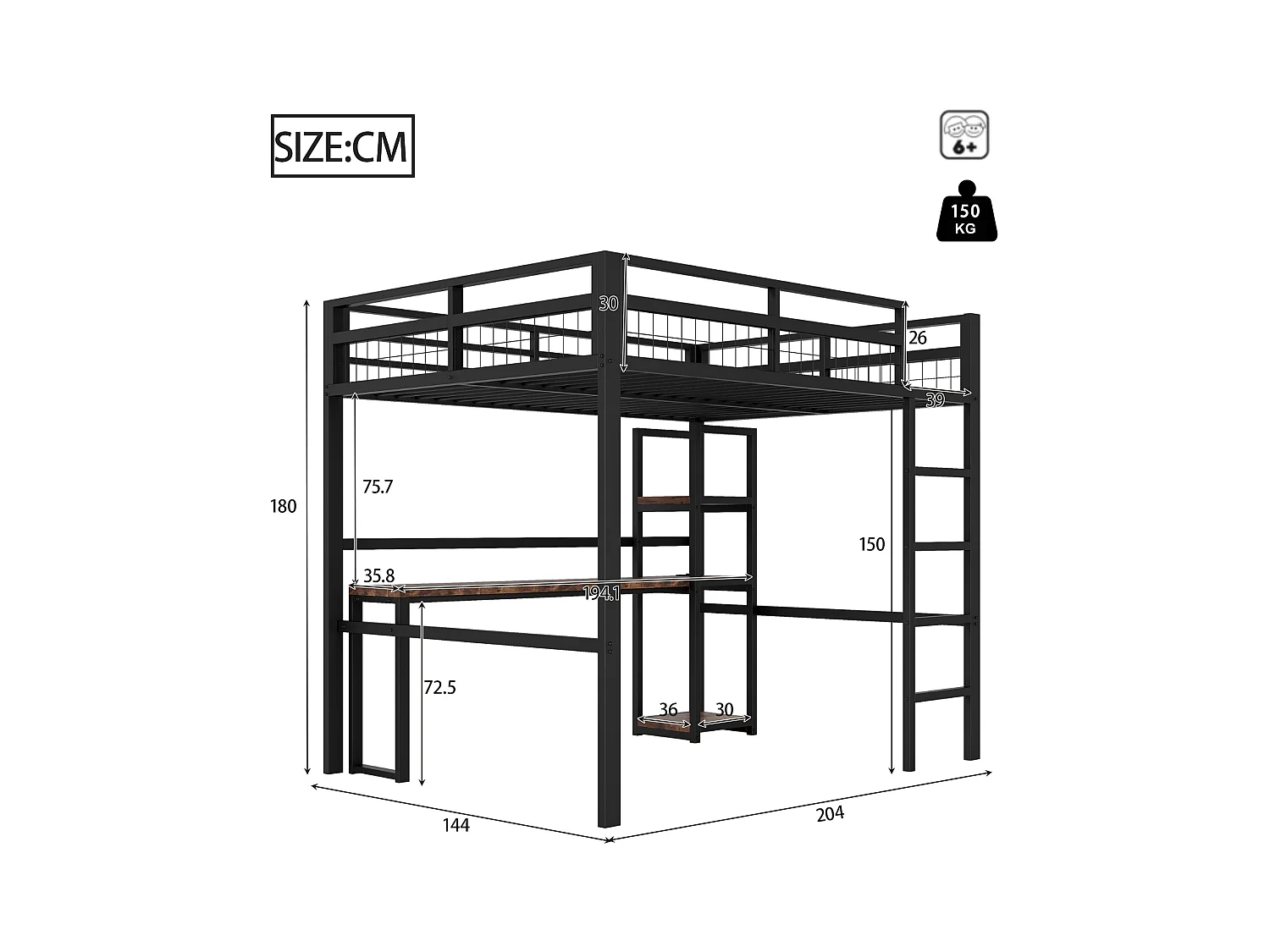 Lit mezzanine, 140 x 200 cm, cadre en métal, étagères multiples, bureau avec prise USB et Type-C (204x144x180 cm)